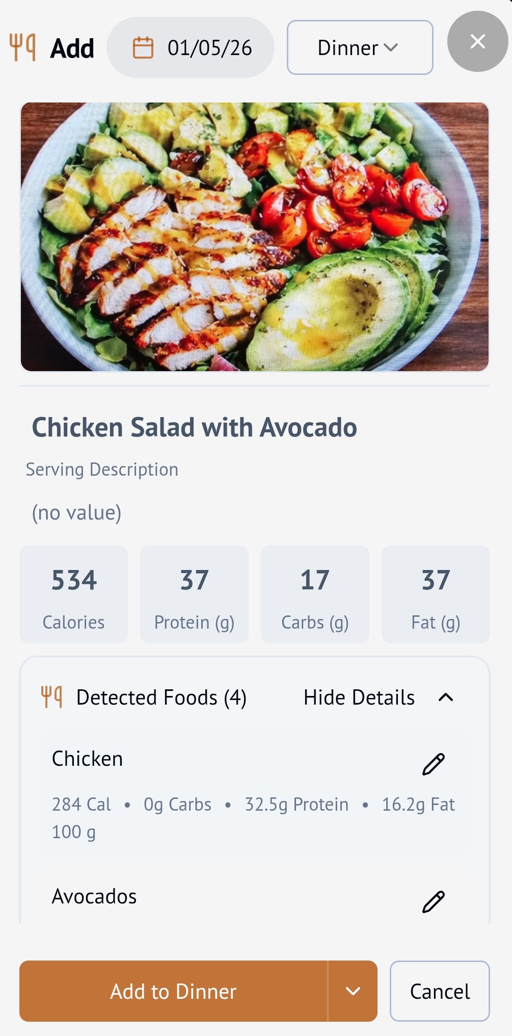 Take a picture, AI will log your meal or food item.